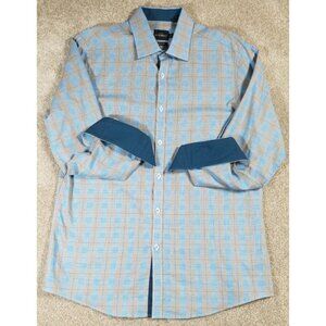 PARC 81 Long Sleeve Button Up Flip Cuff Blue/Tan Check Shirt Men's Large 16.5